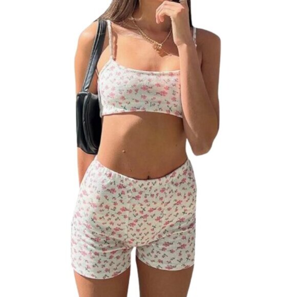 Women Cute Matching Set Sleeveless Floral Print Set Size L - Picture 1 of 10